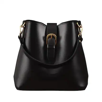 Front. Live At Space - Town Bucket Vegan Leather Bag For Women Hobo Retro Faux Casual Purse Classic Vintage Simple Shoulder Handbag Premium - Black.