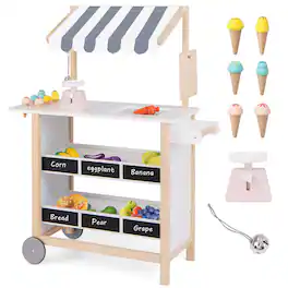 Costway - Kids Ice Cream Cart Wooden Toddler Farmers Market Stand with Chalkboard & Storage - White