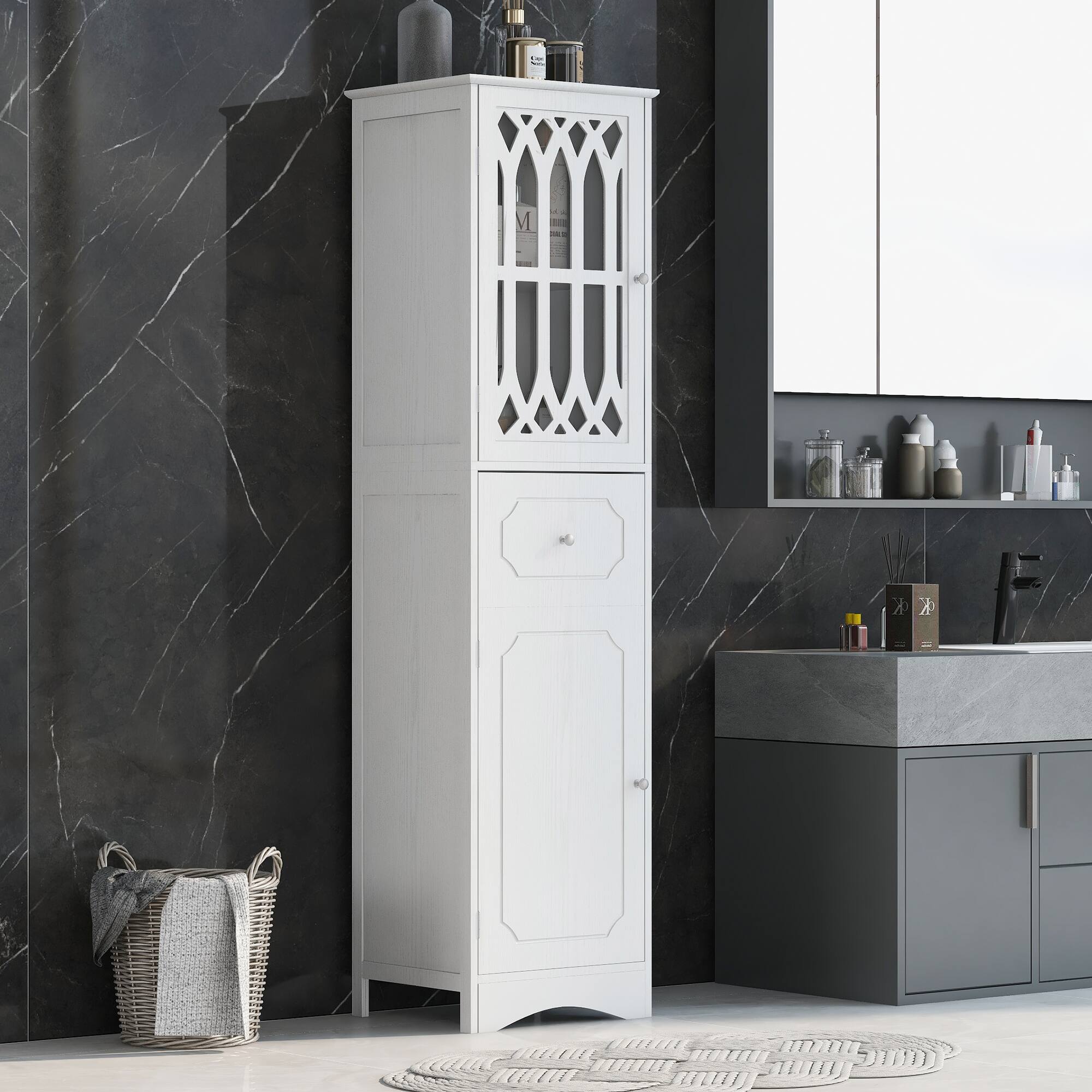 Alt View 6. Ecooso - Tall Freestanding Bathroom Cabinet with Drawer, Doors, MDF Board, Acrylic Door, Adjustable Shelf - White.