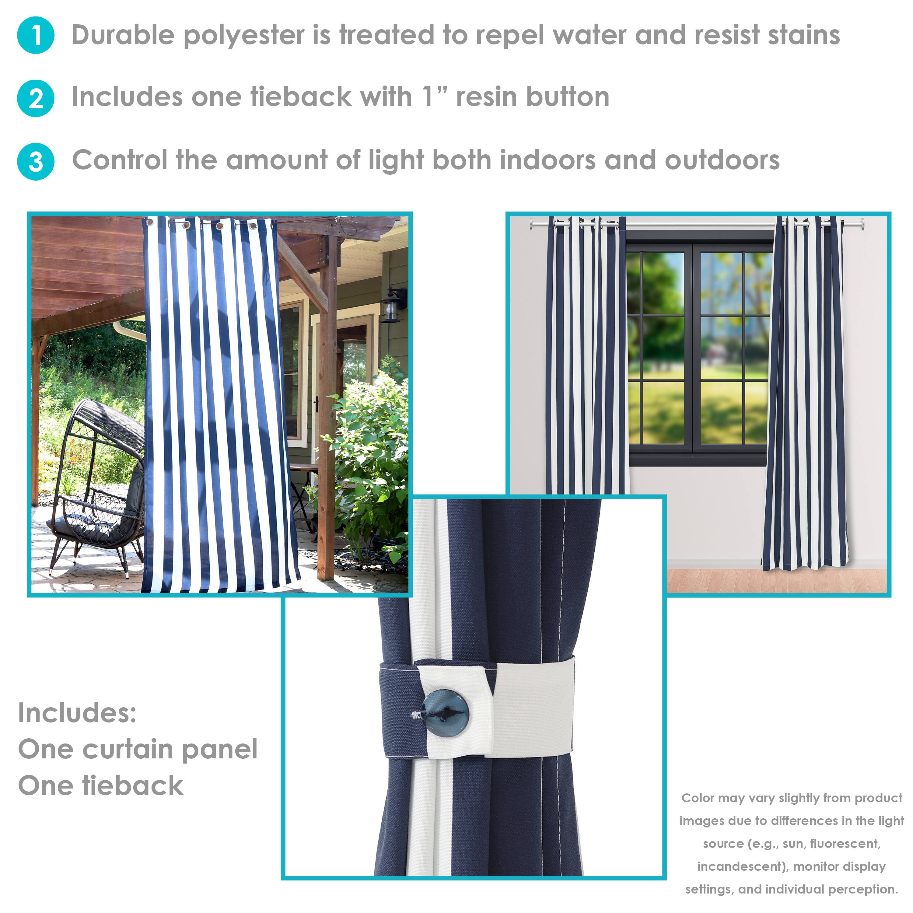 1. Durable polyester is treated to repel water and resist stains.
2. Includes one tieback with 1" resin button.
3. Control the amount of light both indoors and outdoors.

Includes:
- One curtain panel
- One tieback

Color may vary slightly from product images due to differences in the light source (e.g., sun, fluorescent, incandescent), monitor display settings, and individual perception.