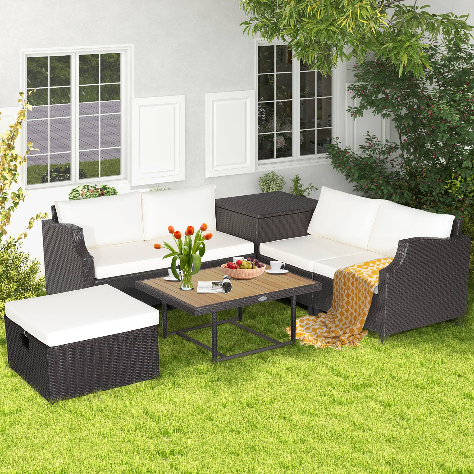 Alt View 1. Costway - Costway 7pcs Patio Outdoor PE Wicker Cushioned Furniture Conversation Set Sectional Sofa - Off White,Mix Brown.