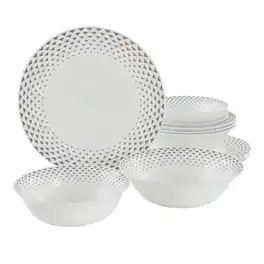 Ultra by Gibson Cane Peak 12 Piece Opal Glass Dinnerware Set in White With Grey Accents - White and Gray