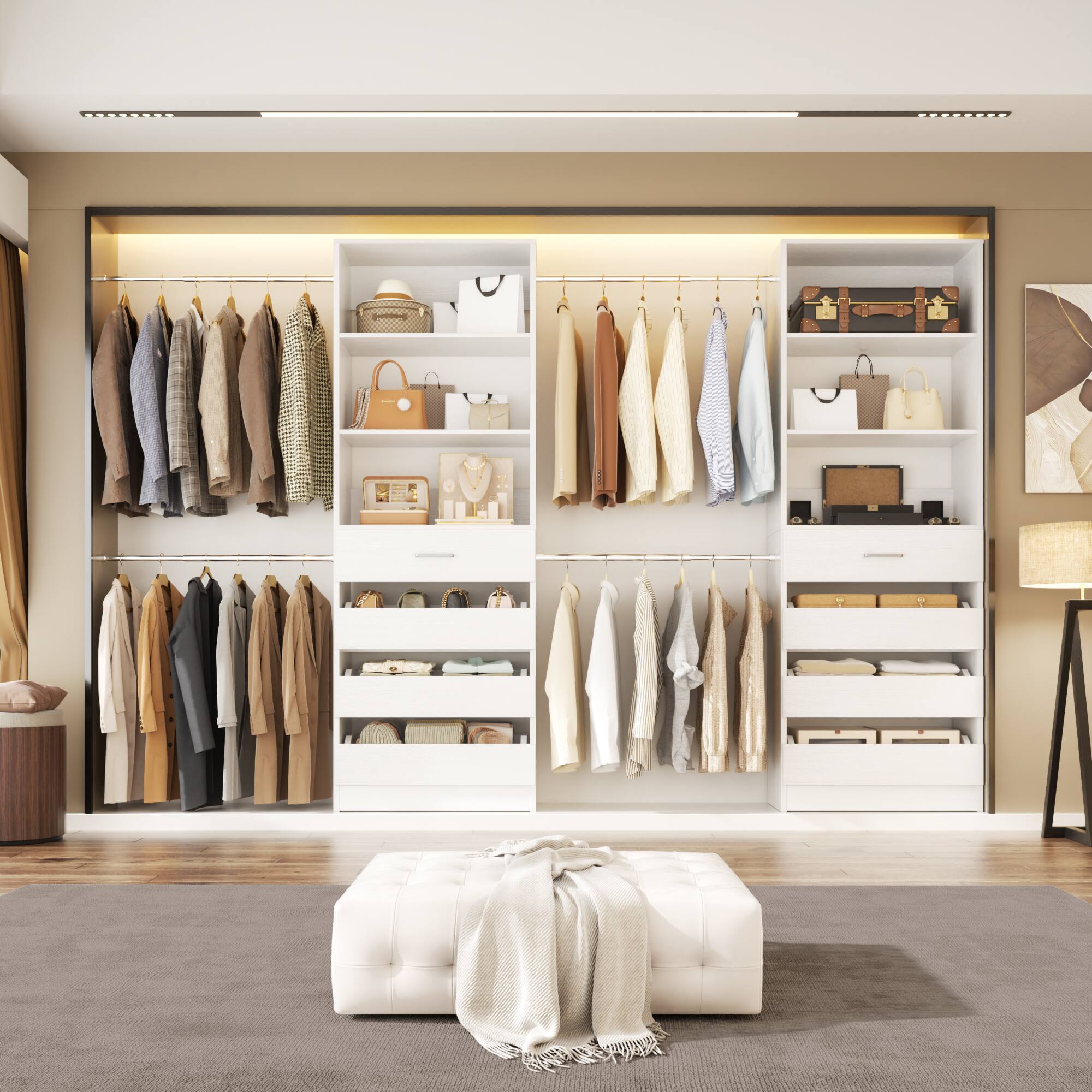 Back. Aheaplus - 6-15Ft Wood Walk-in Closet Organizer: 8 Drawers, 4 Hanging Rods & Tower - White.