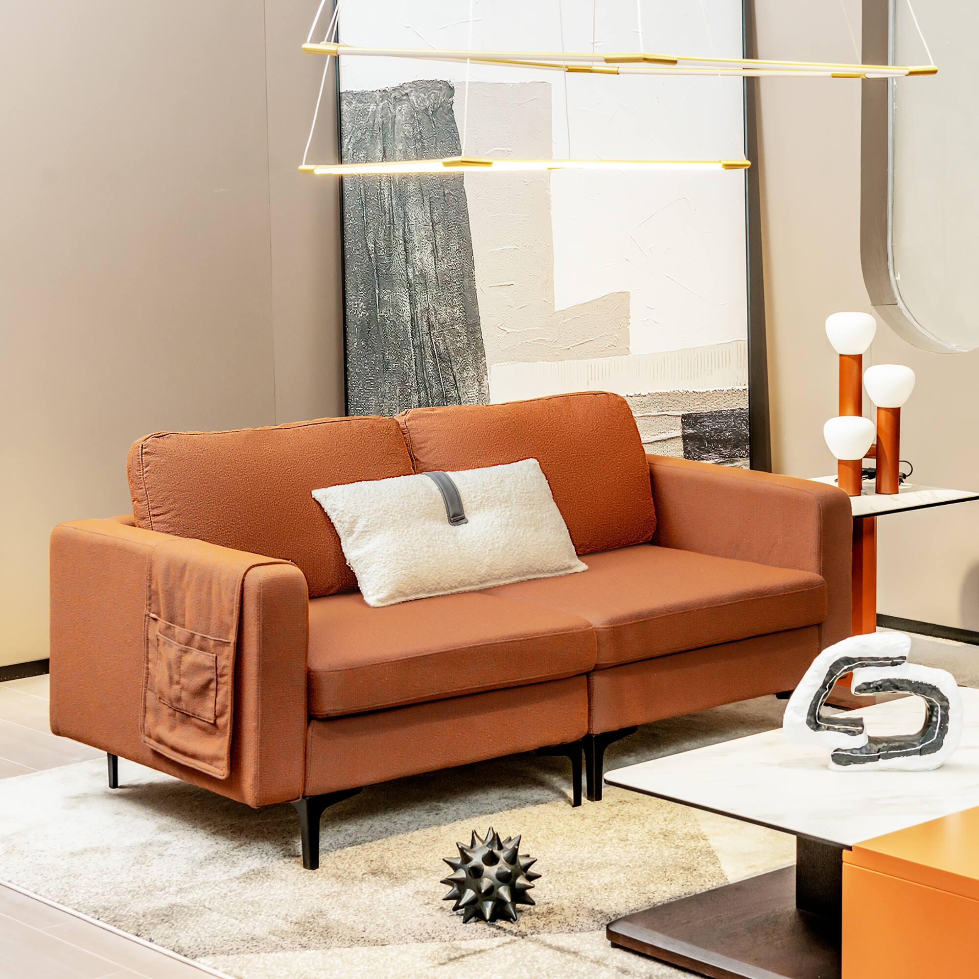 Alt View 1. Costway - Costway Modern Loveseat Linen Fabric 2-Seat Sofa Couch w/ Side Storage Pocket - Orange.