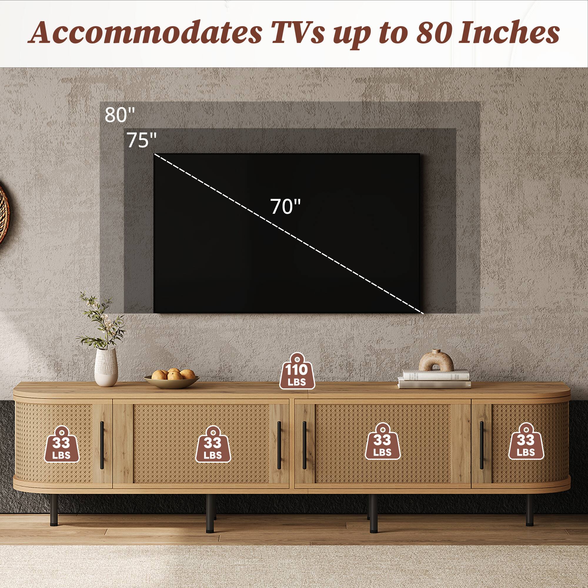 Accommodates TVs up to 80 Inches  
80" 75" 70"  
110 LBS  
33 LBS  
33 LBS  
33 LBS  
33 LBS