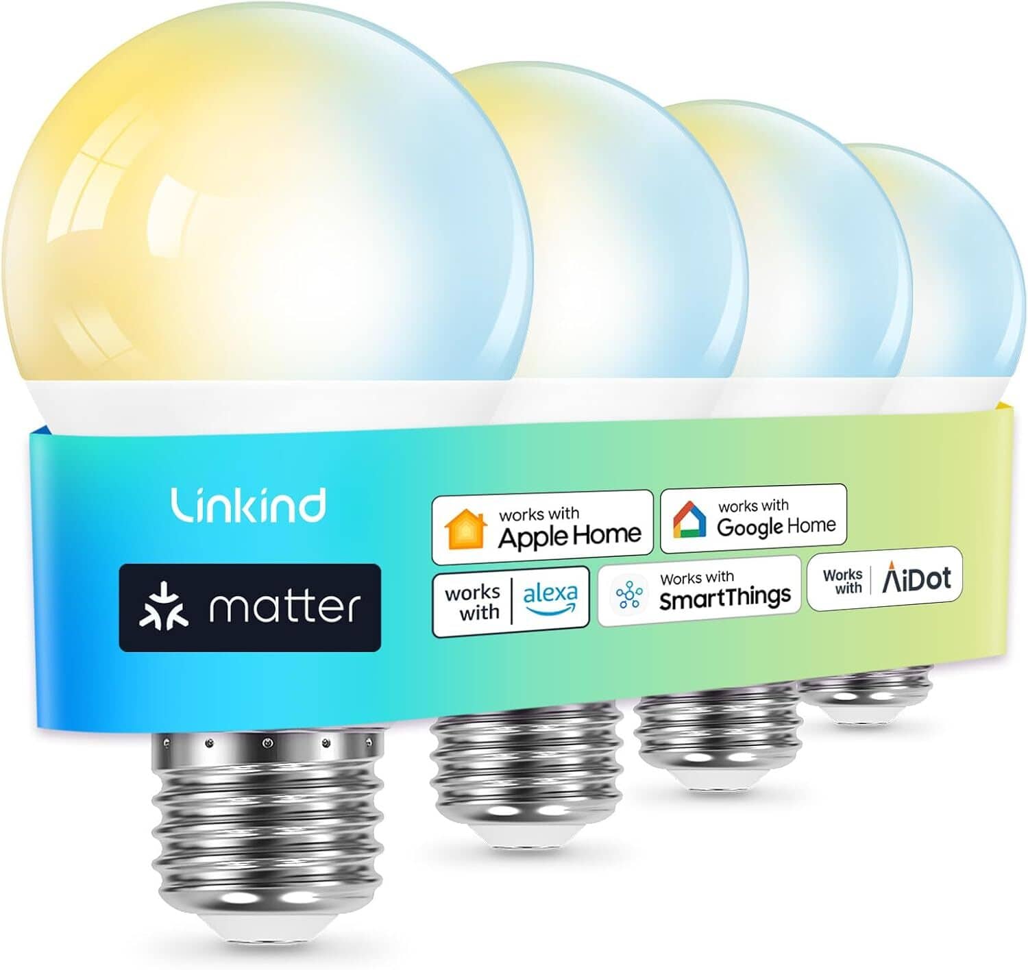 Linkind - A19 800 Lumens Smart LED Blub, Matter Compatible, Tunable White (4-Pack)