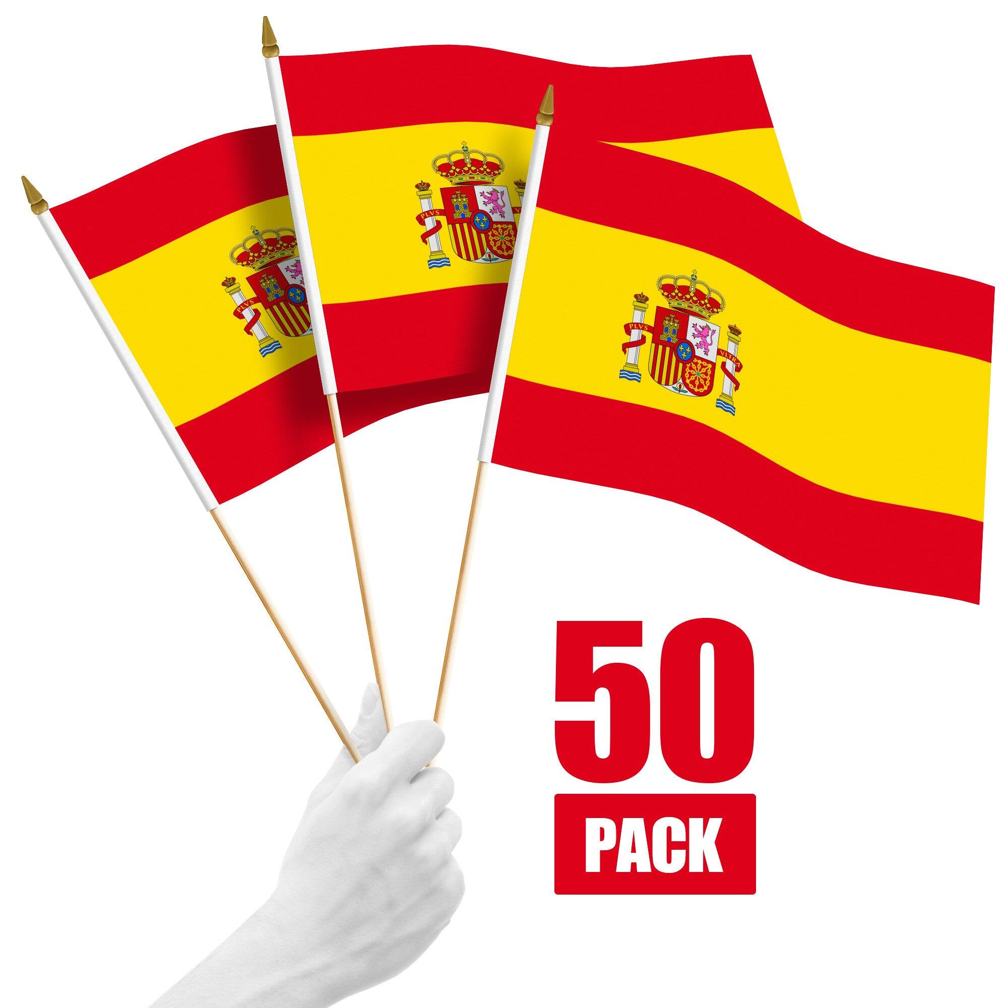 Front. G128 - 50-Pack Handheld Spain Stick Flags, 12 x 18 in, 150D Polyester, Wooden Pole with Gold Spear Tip. - Assorted Colors.