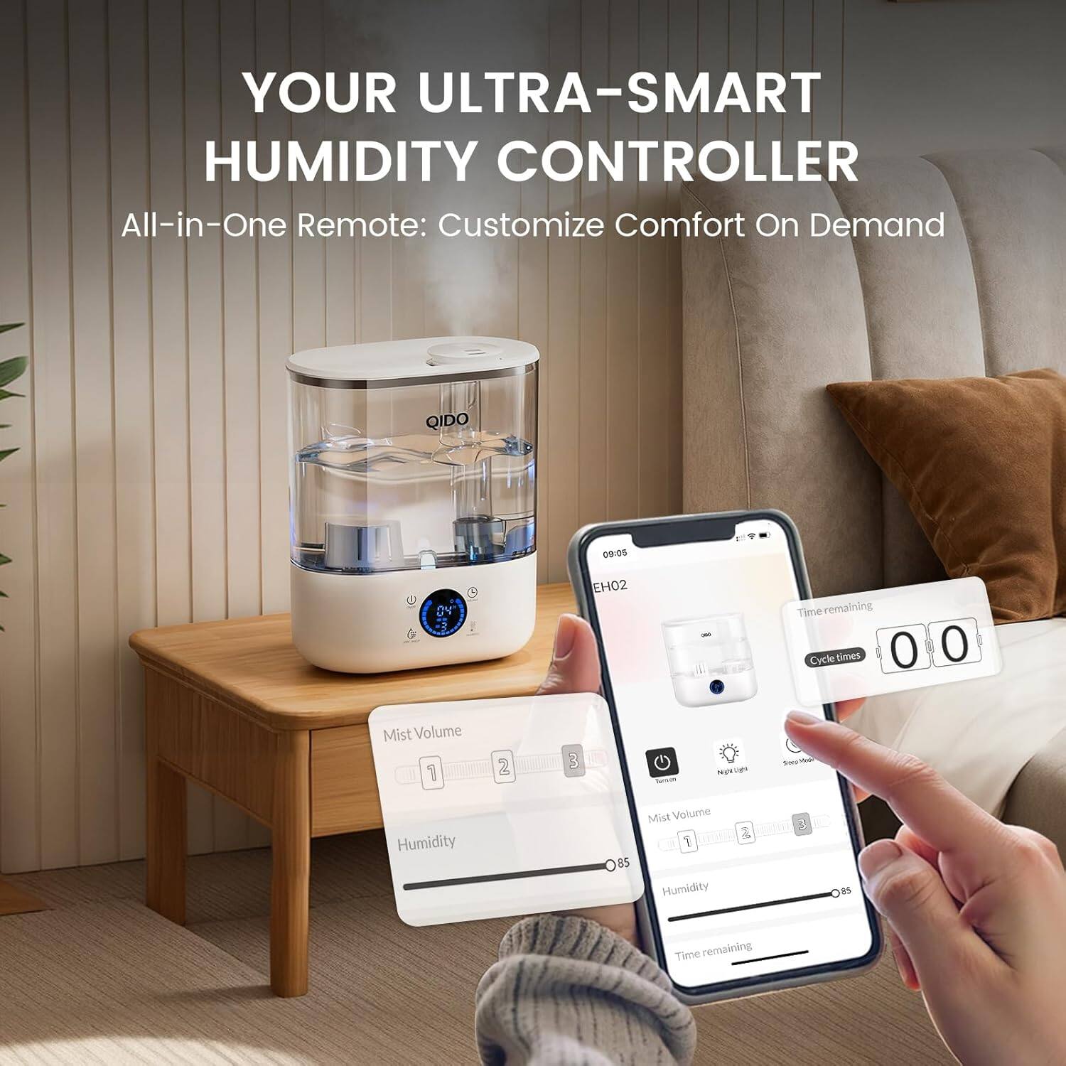 YOUR ULTRA-SMART HUMIDITY CONTROLLER  
All-in-One Remote: Customize Comfort On Demand  

QIDO  
09-05  
ON  
EH02  
Timeremaining  
Time Cycle times 0 0  
Mist Volume 1 2 3  
Humidity 85  
Mist Volume  
Humidity 2 3  
CRS  
Time remaining