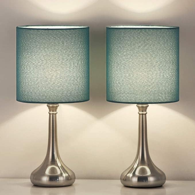 Oumilen - Blue Light Table Lamps Set of 2 - Modern Small Bedside Lamps with Fabric Shade & Metal Base for Bedroom Office