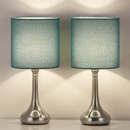 Front. Oumilen - Blue Light Table Lamps Set of 2 - Modern Small Bedside Lamps with Fabric Shade & Metal Base for Bedroom Office.