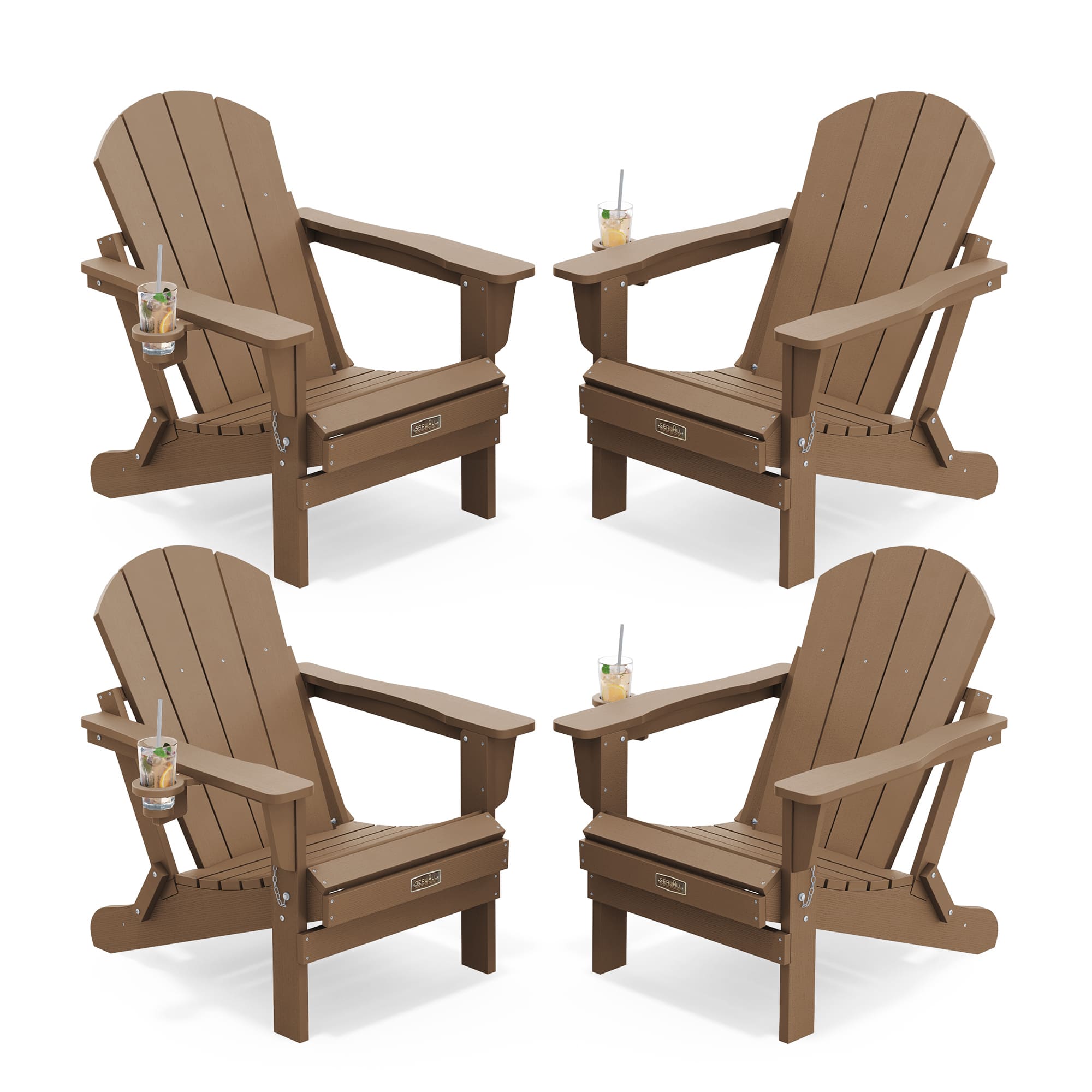 SERWALL - Folding Adirondack Chair Set of 4, Outdoor Chairs with Cup Holder, All Weather for Garden, Fire Pit - Brown