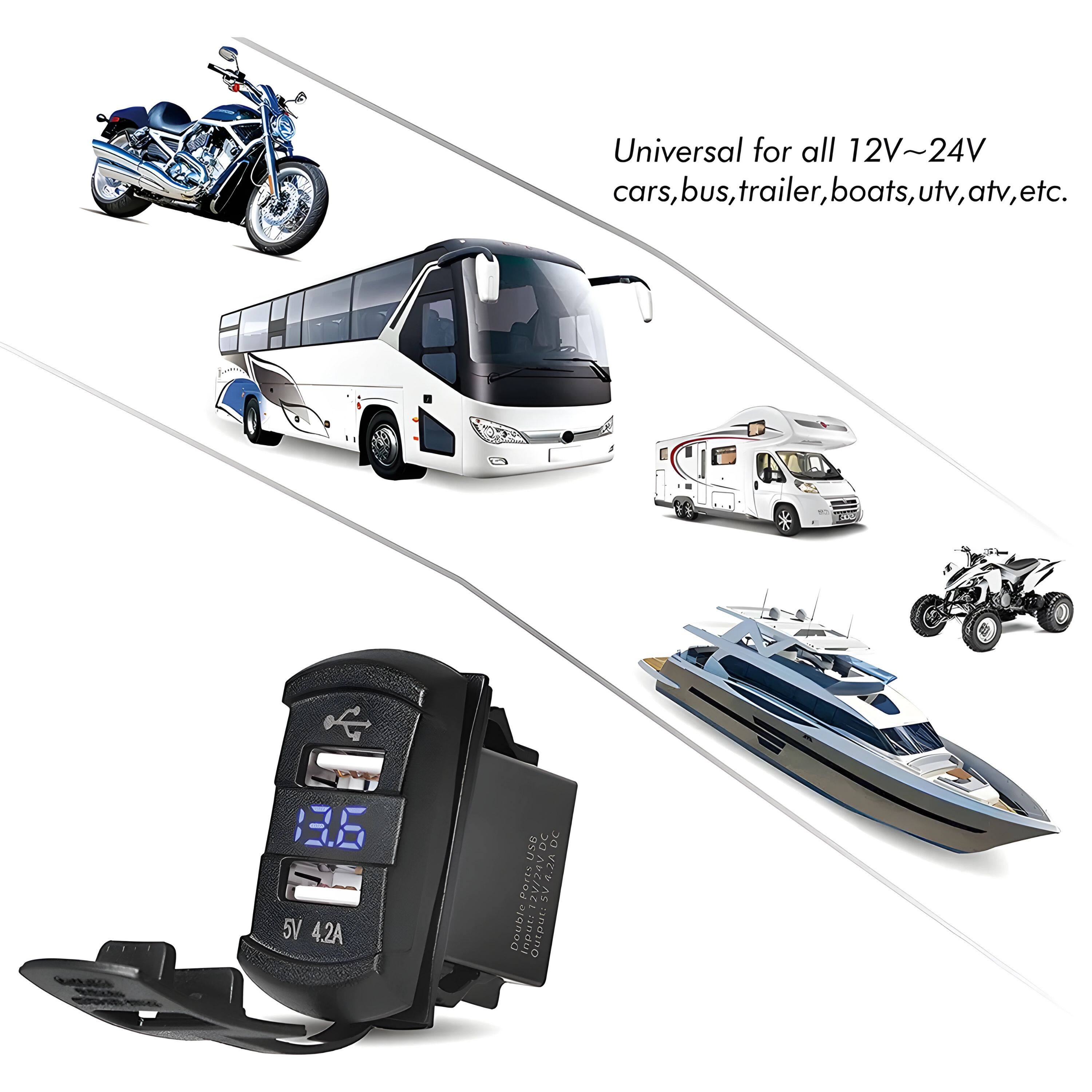 Universal for all 12V~24V cars, bus, trailer, boats, utv, atv, etc.

13.6V 5V 4.2A DC DC 4.2A Ports 2/74 SV - Double Input Output