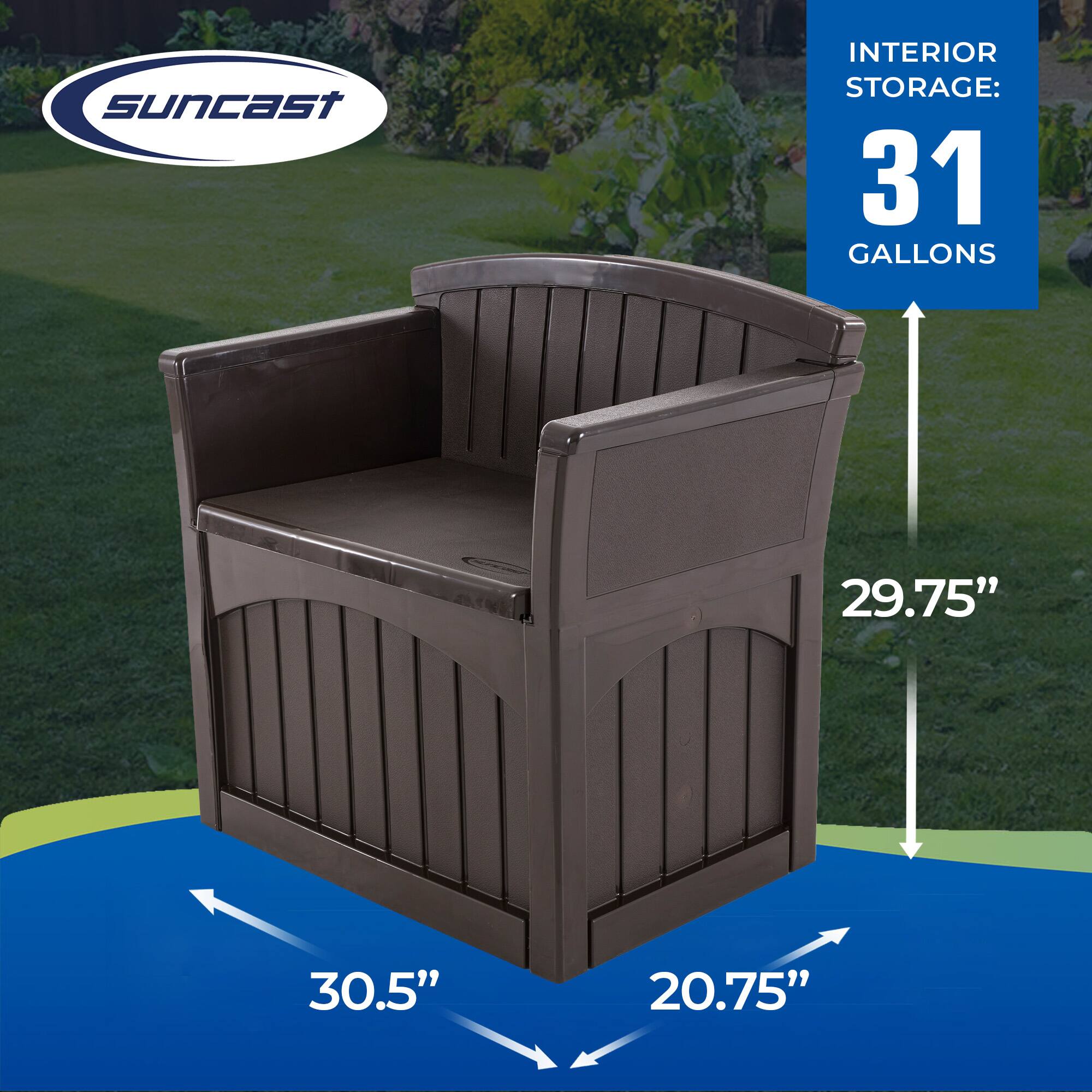 Suncast  
INTERIOR STORAGE: 31 GALLONS  
29.75" x 30.5" x 20.75"