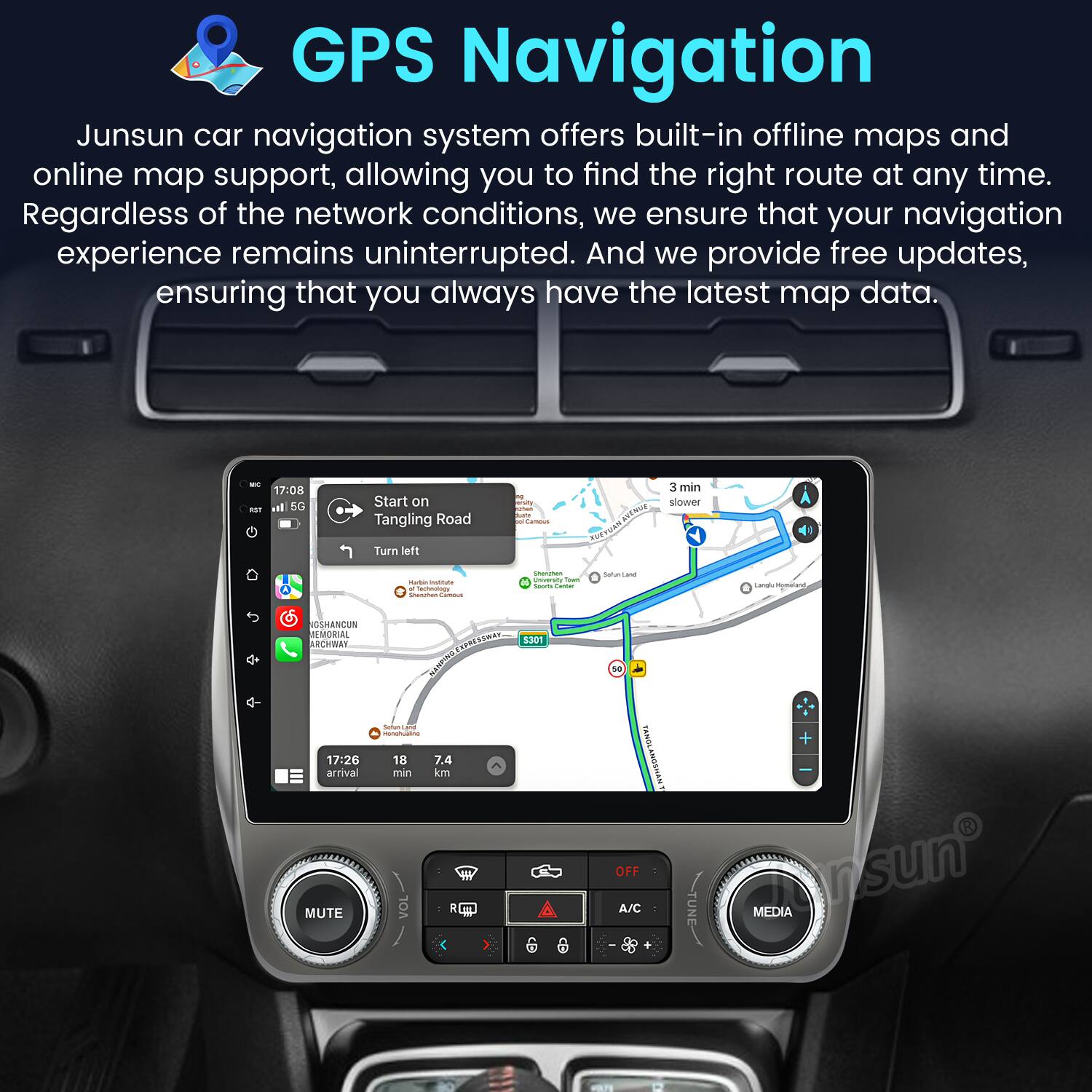 GPS Navigation

Junsun car navigation system offers built-in offline maps and online map support, allowing you to find the right route at any time. Regardless of the network conditions, we ensure that your navigation experience remains uninterrupted. And we provide free updates, ensuring that you always have the latest map data.

- 17:08 Start on Tangling Road
- Turn left
- 3 min slower
- 17:26 18 min 7.4 km arrival

MUTE VOL & ES0T ONY + OFF A/C

Junsun MEDIA