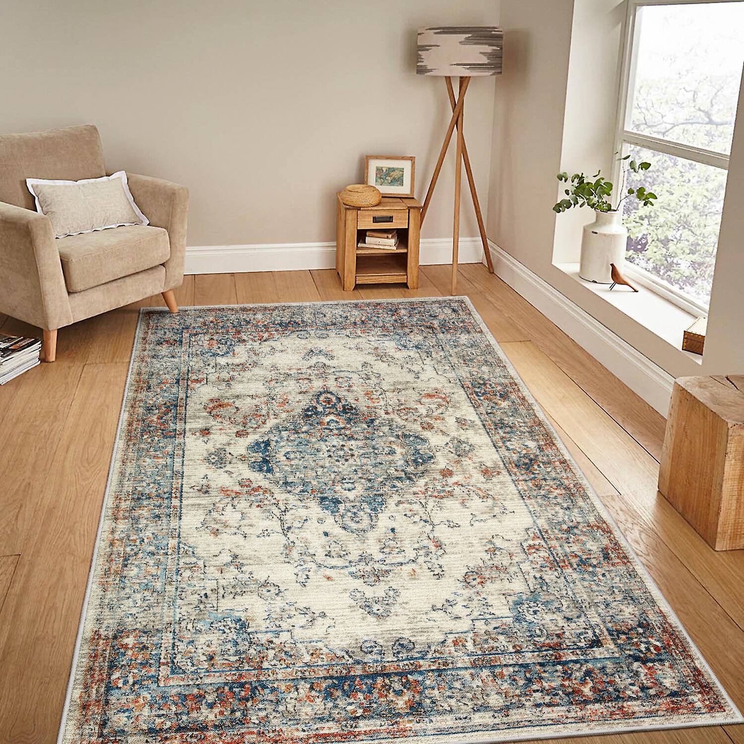 Angle. APRILSOUL - Faded Bohemian 5x7 Floral Rug Soft Faux Wool Non Slip Durable for Any Room - Blue+Yellow.