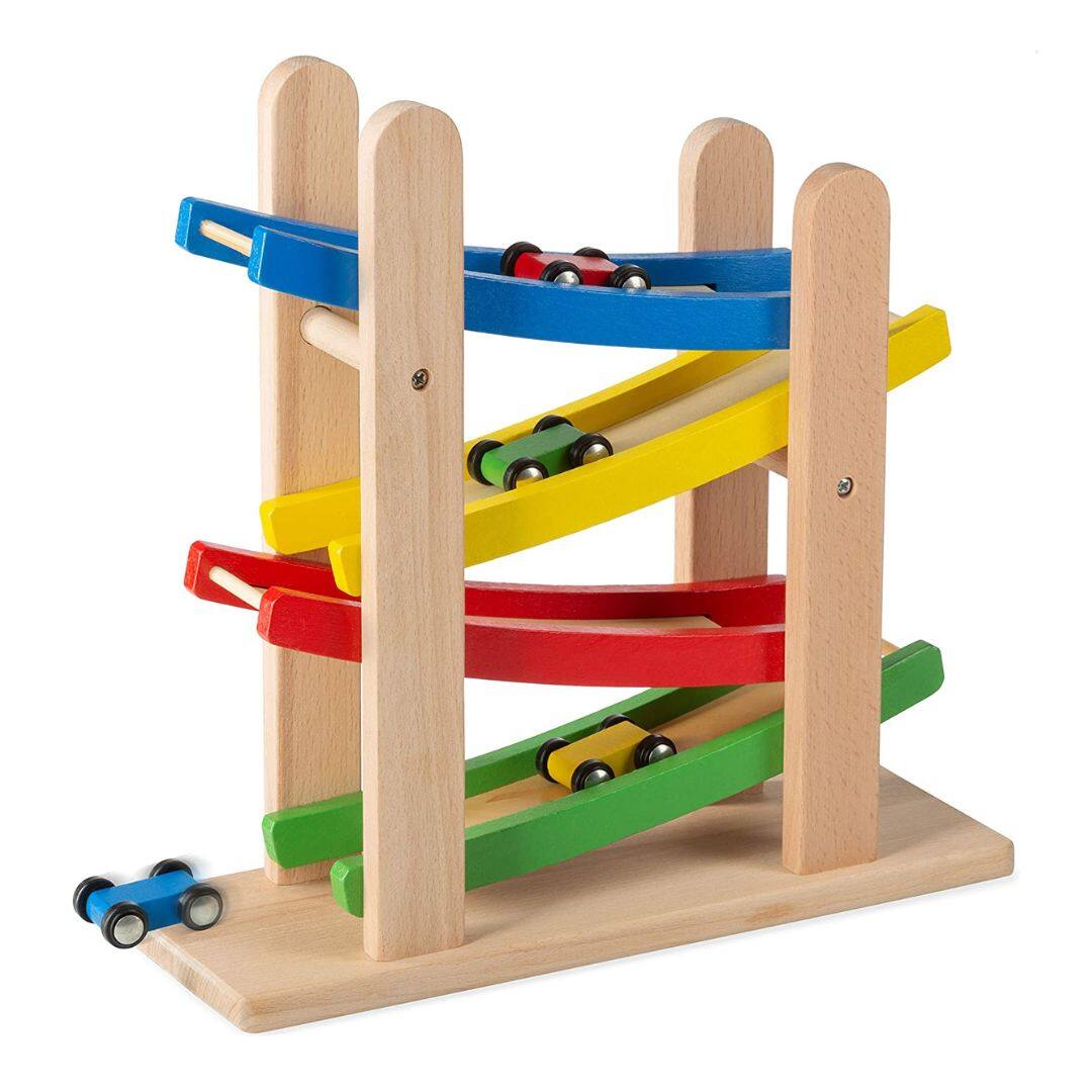 Alt View 1. Play22 - 4 Level Toy Wooden Car Roller Ramp - Wooden Race Track Car Ramp Racer With 4 Wooden Cars - Toddler Race Car Ramp.