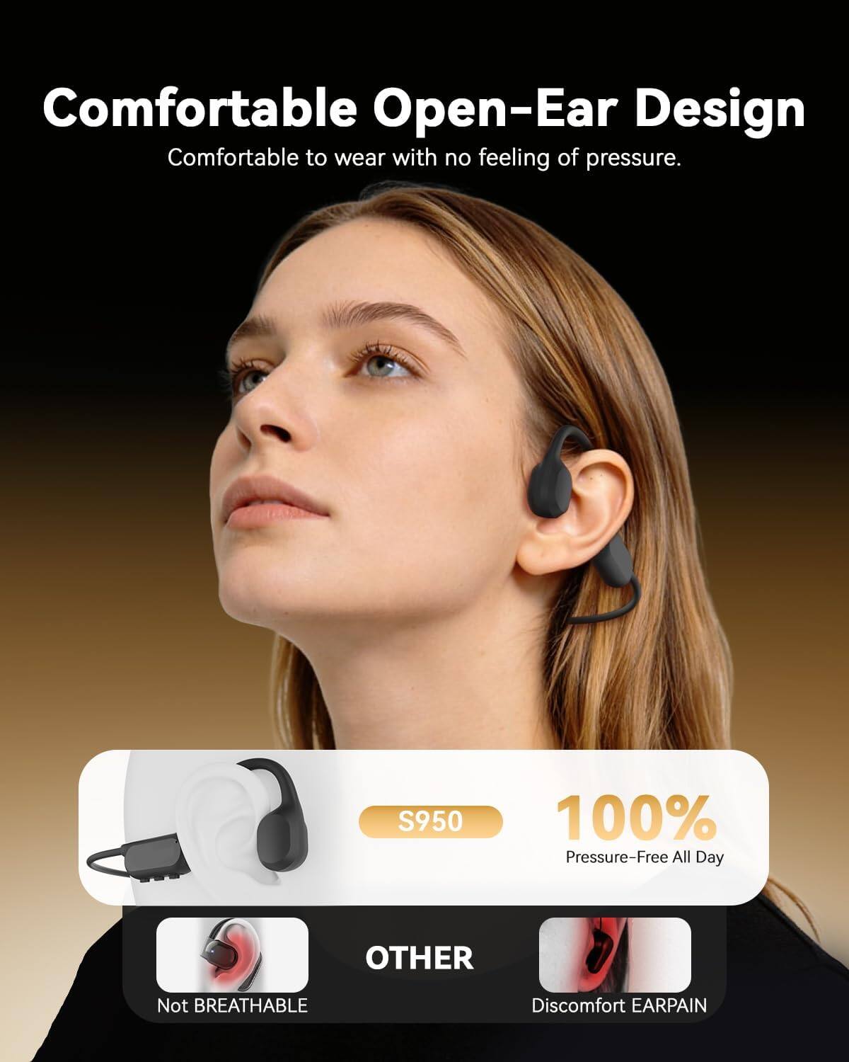 Comfortable Open-Ear Design  
Comfortable to wear with no feeling of pressure.  

S950  
100% Pressure-Free All Day  

OTHER  
Not BREATHABLE  
Discomfort EARPAIN