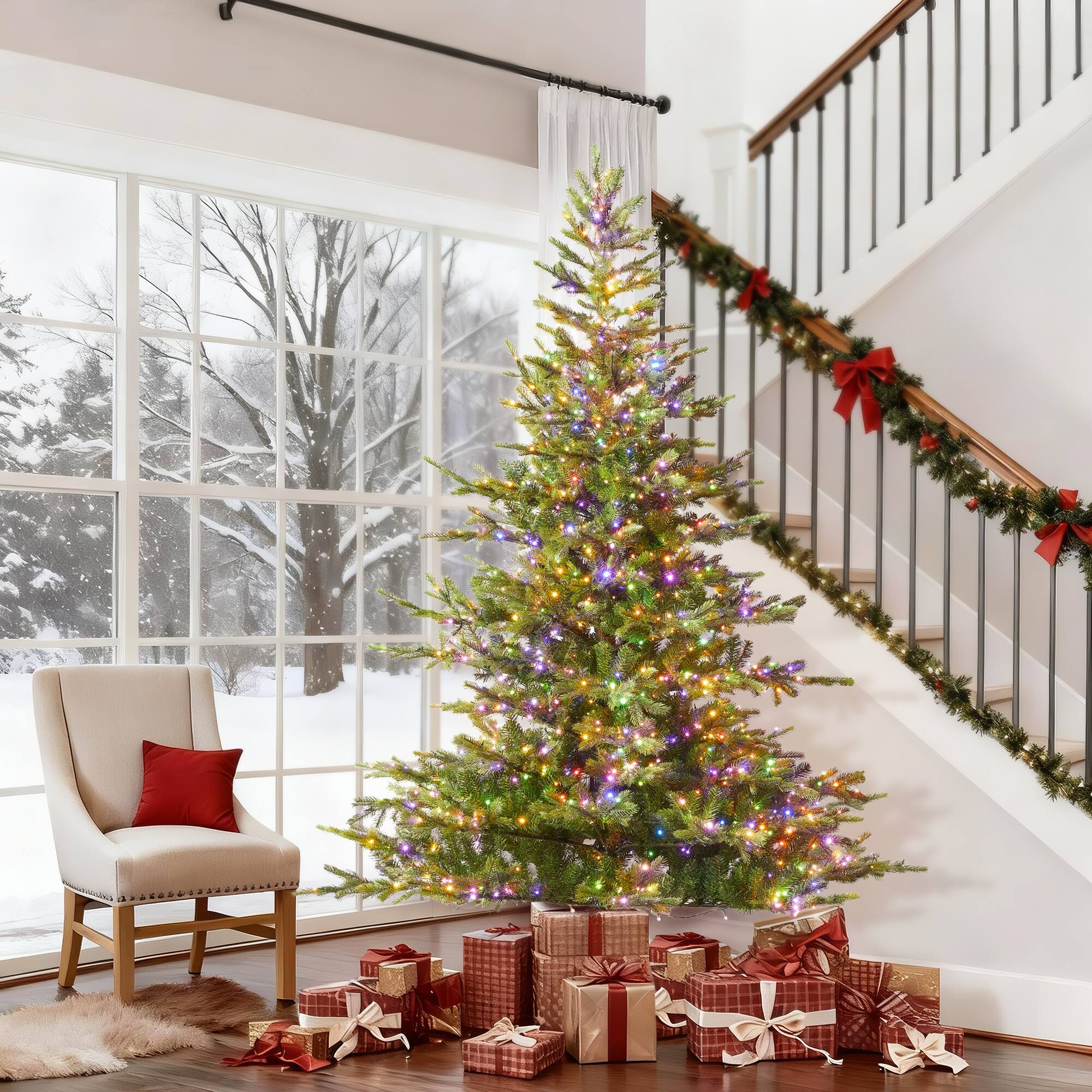 Alt View 9. Glitzhome - 7.5ft Pre-Lit Green Full Fir Artificial Christmas Tree with 1600 Warm White/Multi-color Chasing and Twinkling Lights - Green.