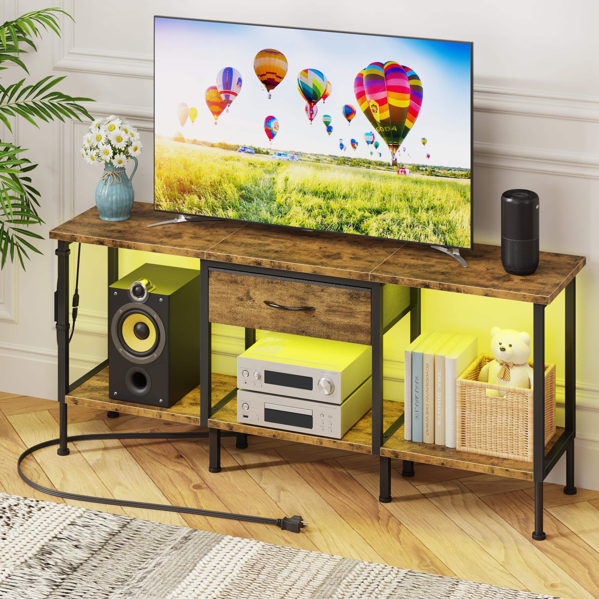 Hirose Alice - Led Tv Stand With Power Outlet And Fabric Drawer For 55 50 45 Inches - Entertainment Center Industrial Console - Rustic Brown-47"