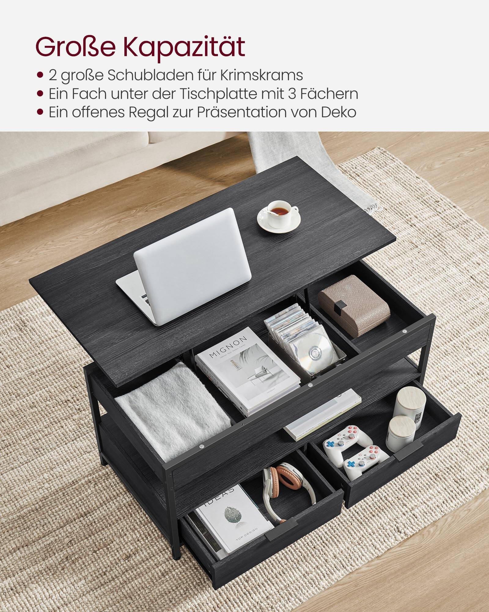Große Kapazität  
- 2 große Schubladen für Krimskrams  
- Ein Fach unter der Tischplatte mit 3 Fächern  
- Ein offenes Regal zur Präsentation von Deko