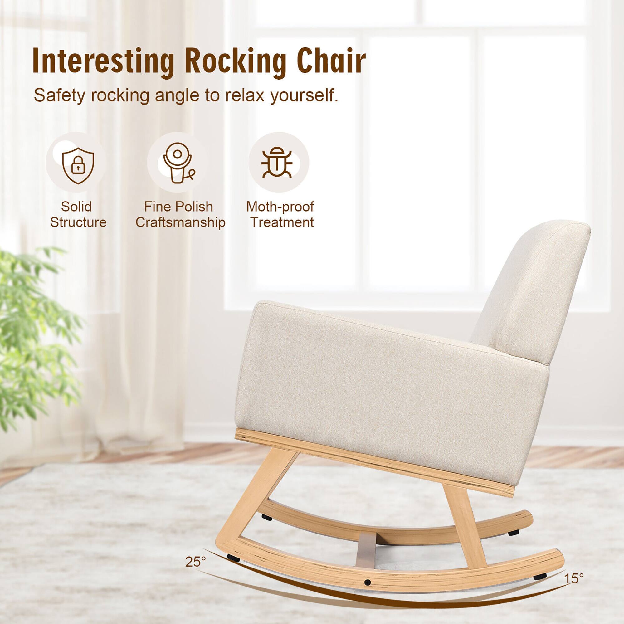 Interesting Rocking Chair  
Safety rocking angle to relax yourself.  

- Solid Structure  
- Fine Polish Craftsmanship  
- Moth-proof Treatment  

25°  
15°