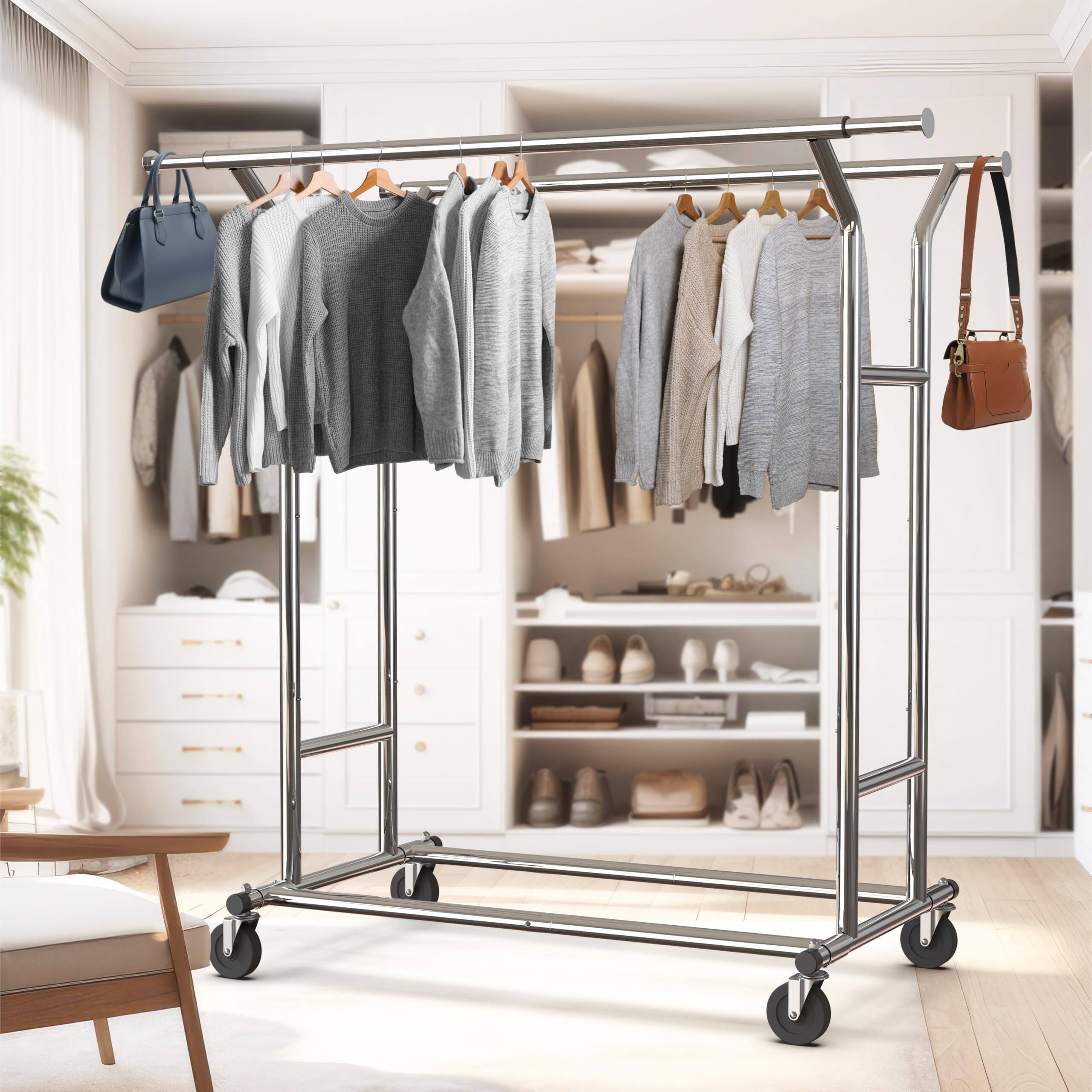 Alt View 3. Refined Abode Design - Heavy Duty Double Rail Clothing Garment Rack  Holds Up To 200 Lbs 43 67 Inches Extendable Rod Chrome - Black.