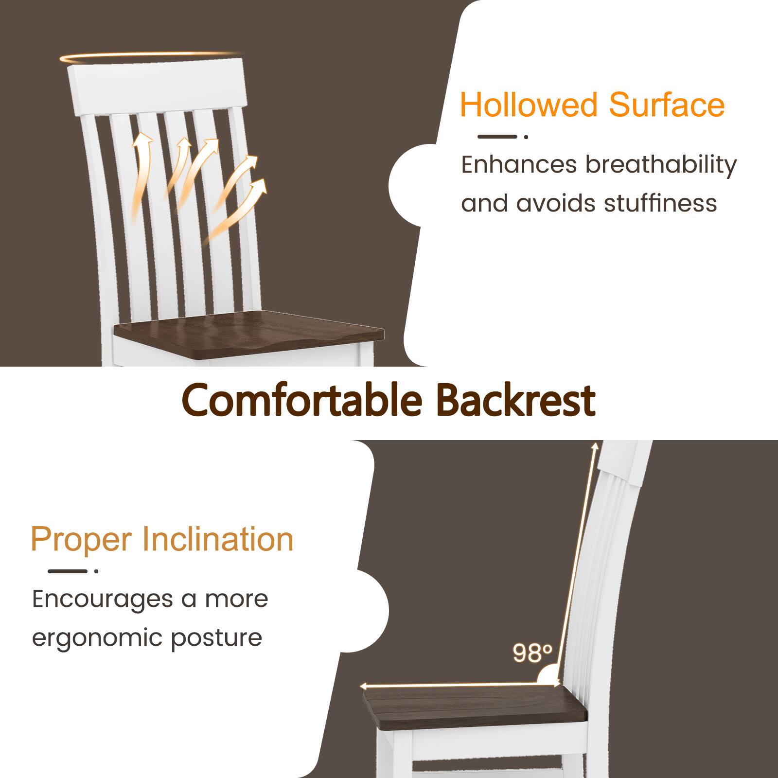 Hollowed Surface  
Enhances breathability and avoids stuffiness  

Comfortable Backrest  

Proper Inclination  
Encourages a more ergonomic posture  

98°