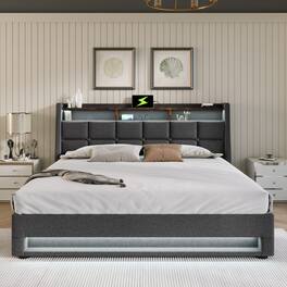 LUCKY ONE - Full size Upholstered Platform Bed Frame with a Hydraulic Storage System, LED and USB Charging - Gray