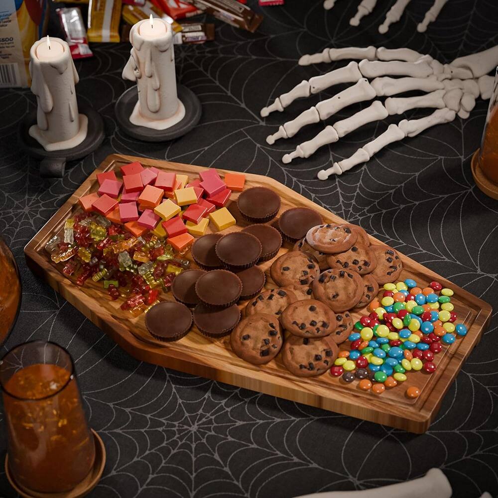 Alt View 4. PARKER SLATER - Large Gothic Coffin-Shaped Acacia Wood Cutting Board, 17"x10.5", Halloween.
