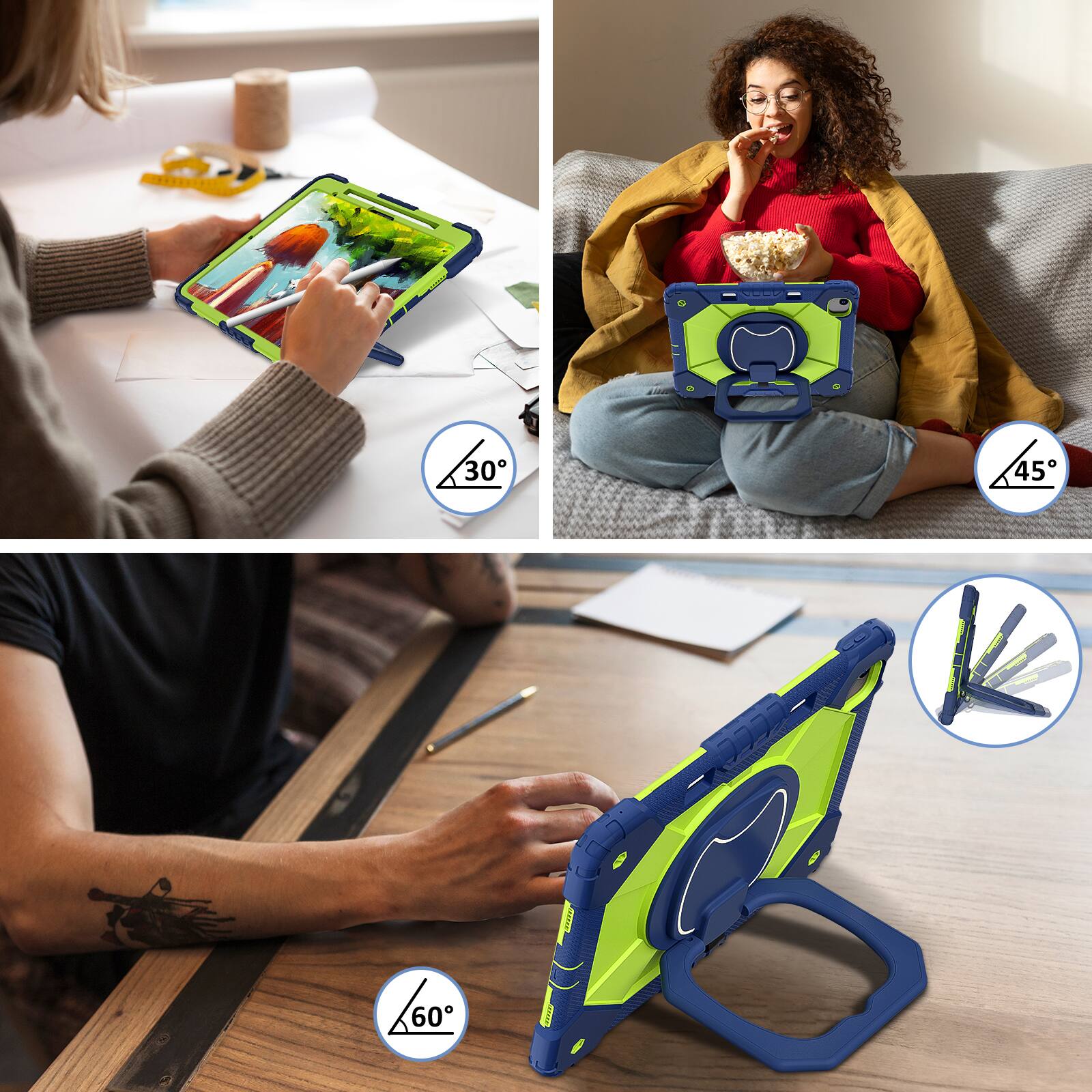 Back. Dteck - Case for Apple iPad Air 11-inch M4 (2026)/M3 (2025) / M2 (2024), 3-Layer Rugged Kickstand Handle Grip Cover+Strap - Navyblue Green.