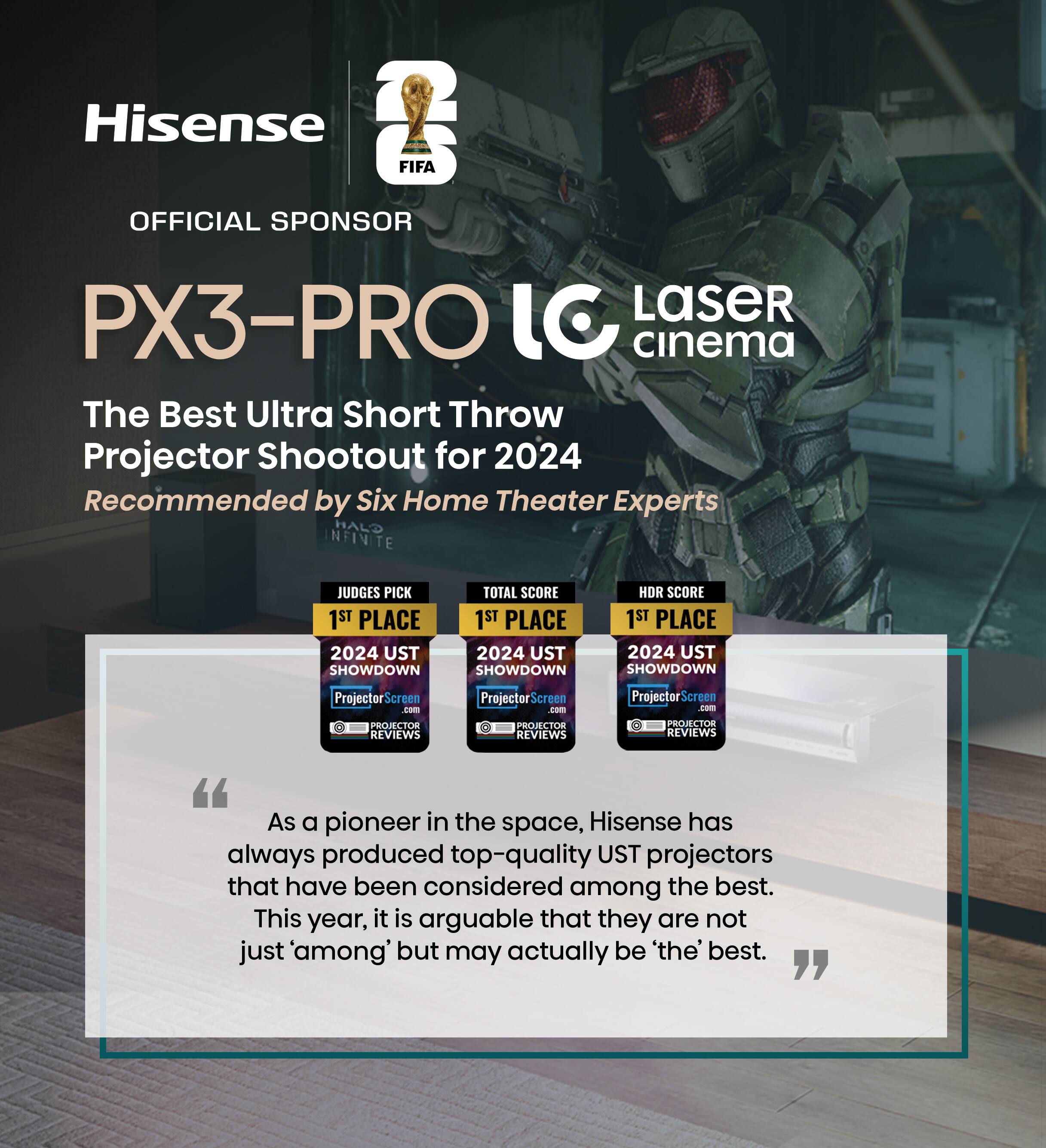 Hisense FIFA OFFICIAL SPONSOR PX3-PRO LC Laser cinema  
The Best Ultra Short Throw Projector Shootout for 2024  
Recommended by Six Home Theater Experts  

JUDGES PICK  
1ST PLACE  
2024 UST SHOWDOWN  
ProjectorScreen - PROJECTOR REVIEWS  

TOTAL SCORE  
1ST PLACE  
2024 UST SHOWDOWN  
ProjectorScreen - PROJECTOR REVIEWS  

HDR SCORE  
1ST PLACE  
2024 UST SHOWDOWN  
ProjectorScreen - PROJECTOR REVIEWS  

"As a pioneer in the space, Hisense has always produced top-quality UST projectors that have been considered among the best. This year, it is arguable that they are not just 'among' but may actually be 'the' best."