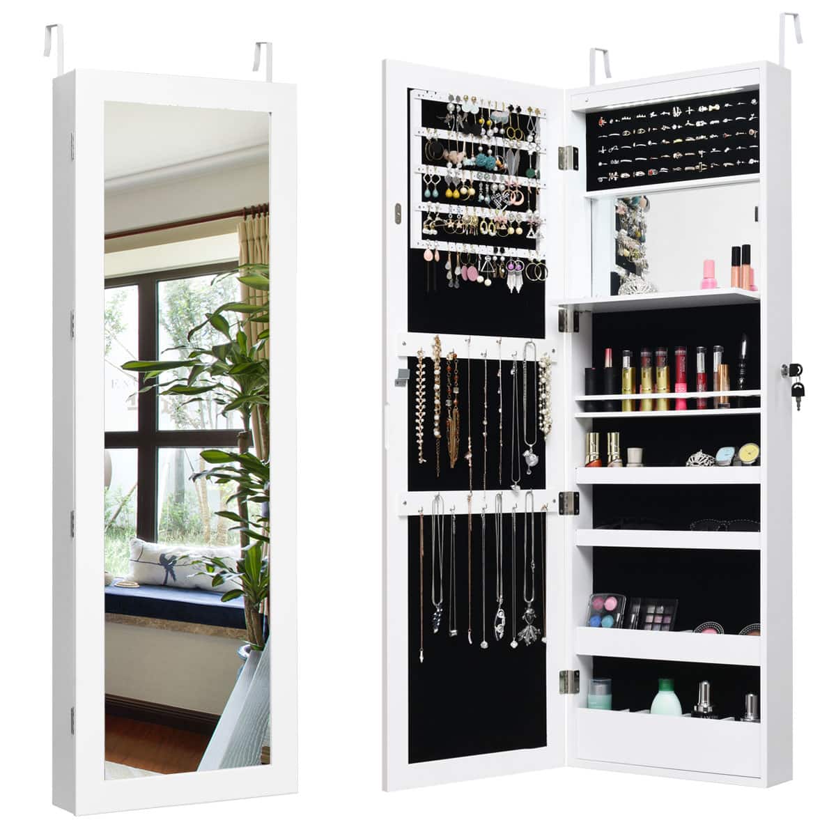 Front. Costway - Wall Door Mounted Mirror Jewelry Cabinet Organizer LED Lights White - White.