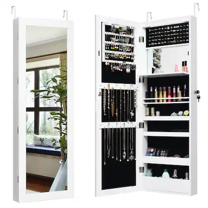 Front. Costway - Wall Door Mounted Mirror Jewelry Cabinet Organizer LED Lights White - White.