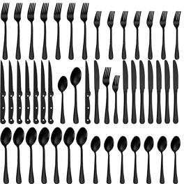 Dazzed Corner - 48-Piece Stainless Steel Silverware Set with Steak Knives, Flatware Set for 8 - Black