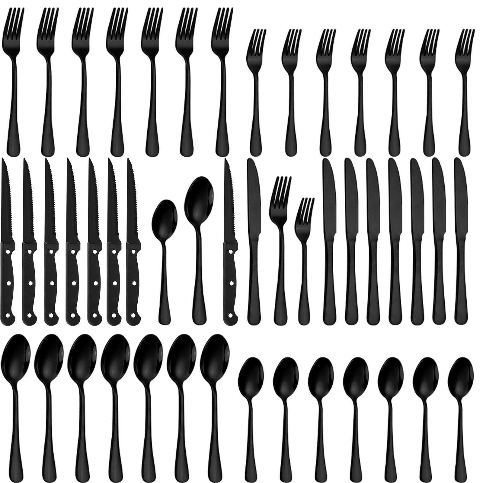 Front. Dazzed Corner - 48-Piece Stainless Steel Silverware Set with Steak Knives, Flatware Set for 8 - Black.