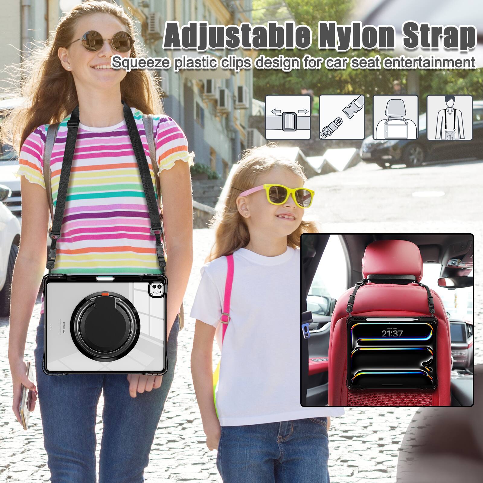 Adjustable Nylon Strap  
Squeeze plastic clips design for car seat entertainment