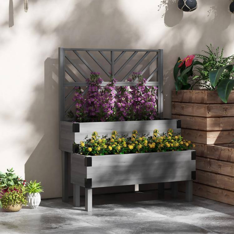 Alt View 2. PULUZ - 2 Tier Trellis Planter, Wooden Raised Garden Bed, Plants NOT Included; Garden Bed Only - Gray.