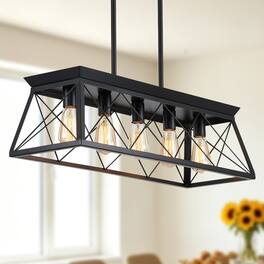 Loheer - 5 Light Farmhouse Chandelier, Black Kitchen Island Pendant Light with Adjustable Height