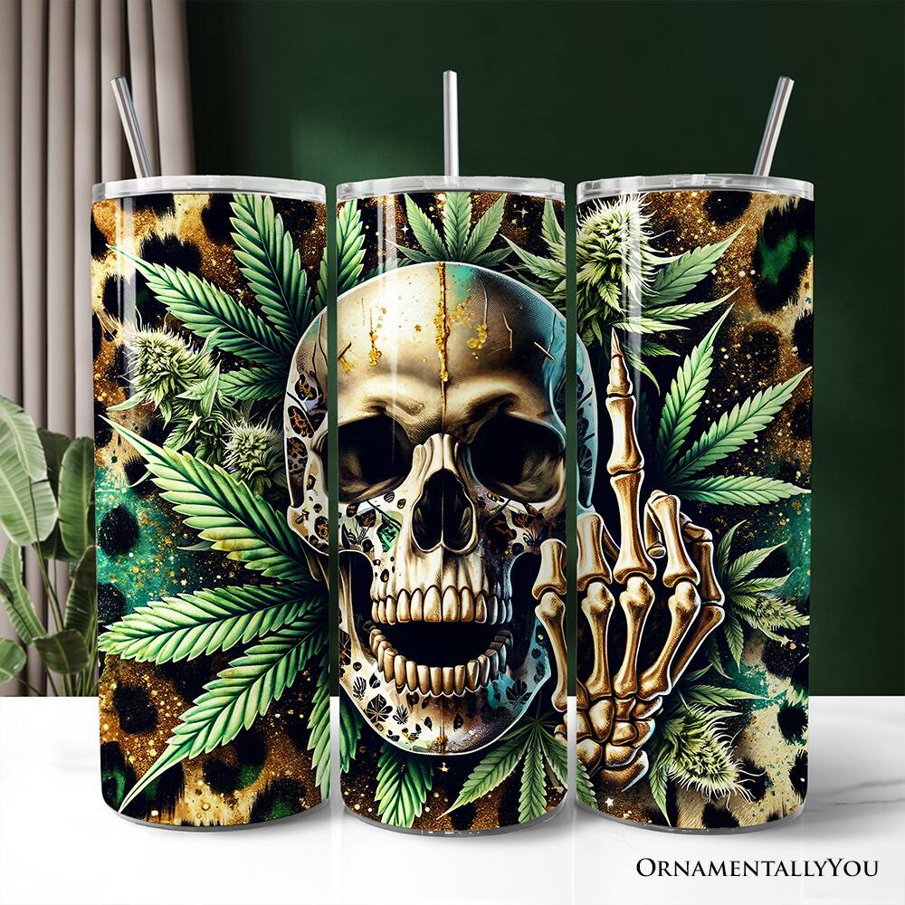 Back. OrnamentallyYou - Leopard Skull Weed 20oz Tumbler With Lid and Stainless Steel Straw, Gothic Gift Cup - Multicolored.