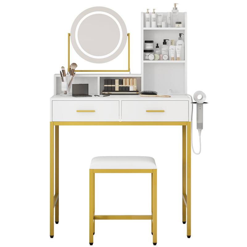 Left. Qeetex - Vanity Table with Adjustable Mirror, LED Lights, Power Outlets, Drawers, Stool, Bedroom Makeup Desk - White and Gold.