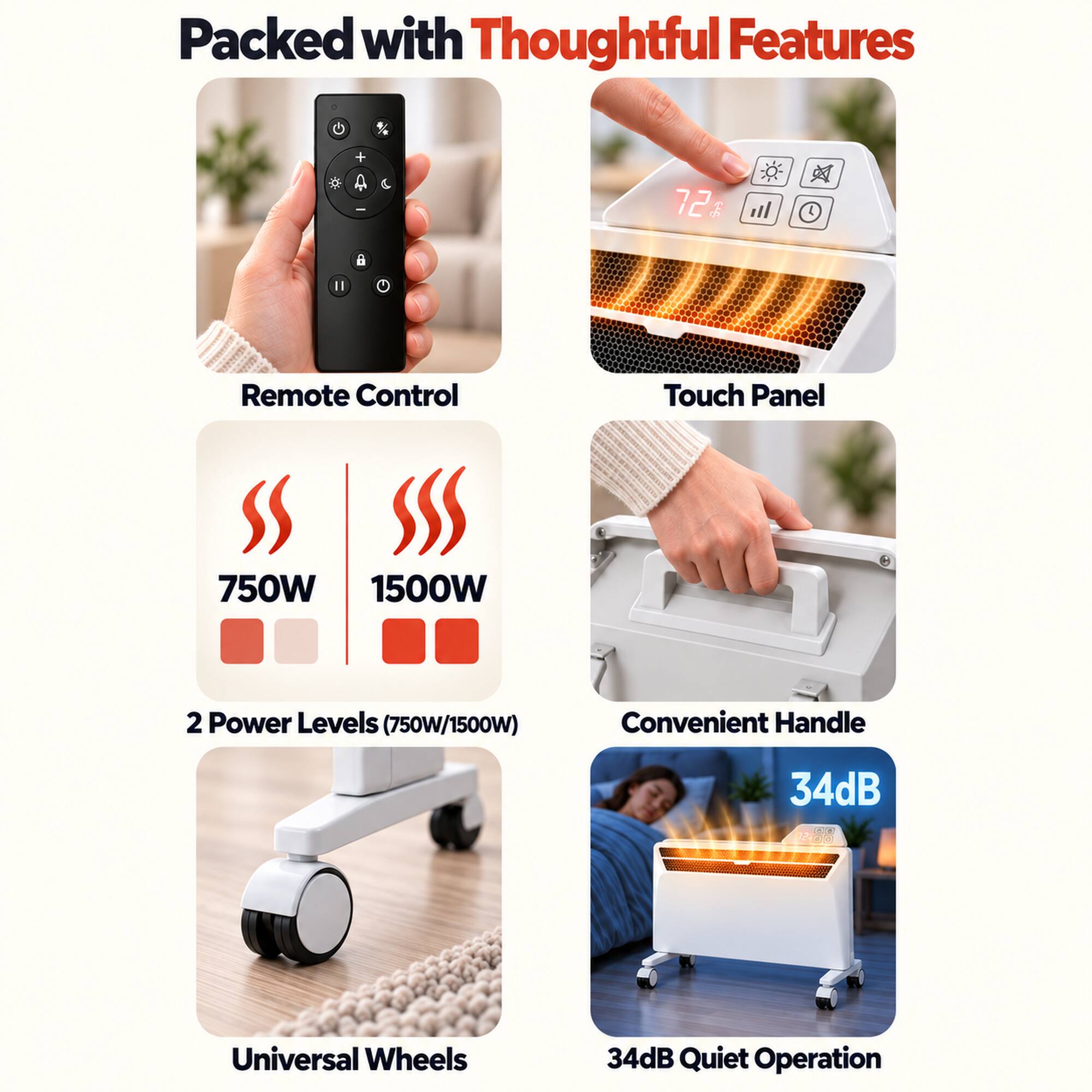 Packed with Thoughtful Features

- Remote Control
- Touch Panel
- 2 Power Levels (750W/1500W)
- Convenient Handle
- Universal Wheels
- 34dB Quiet Operation