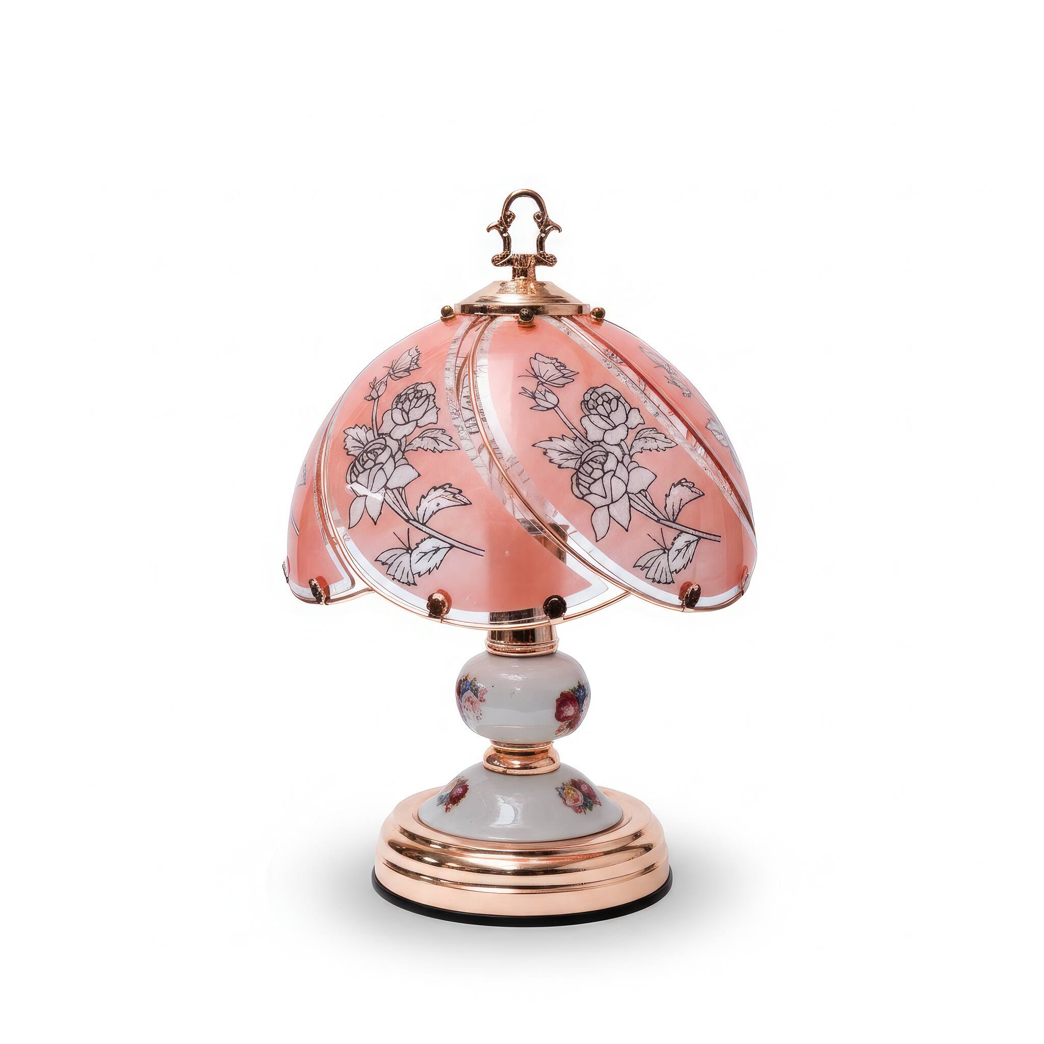 Angle. FC Design - 14"H Pink Vintage Floral Glass Panel Design Touch Lamp.