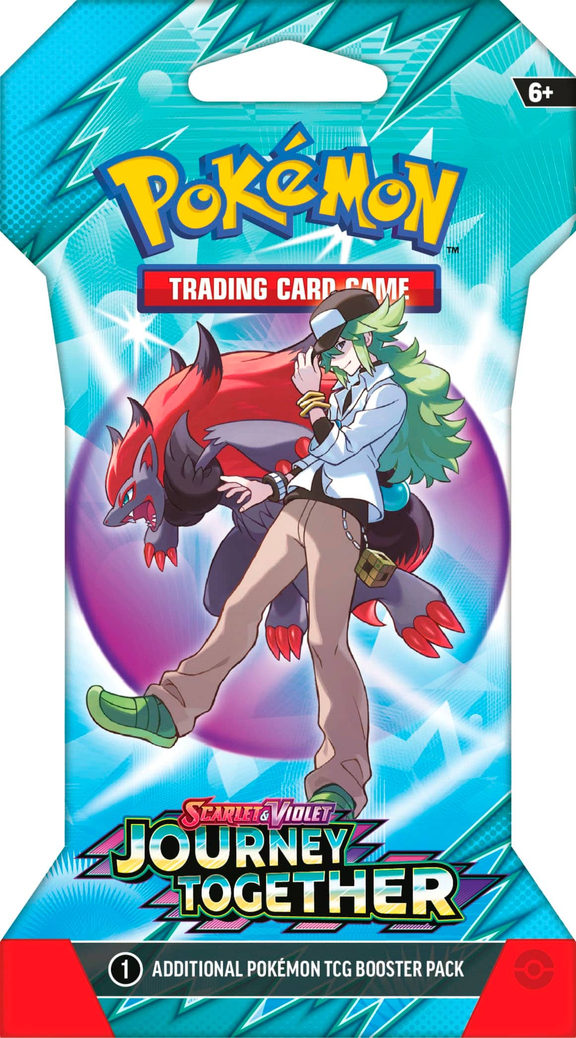 The text on the image reads: "6+ PoKeMON TM TRADING CARD GAME SCARLET & VIOLET JOURNEY TOGETHER 1 ADDITIONAL POKemon TCG BOOSTER PACK."