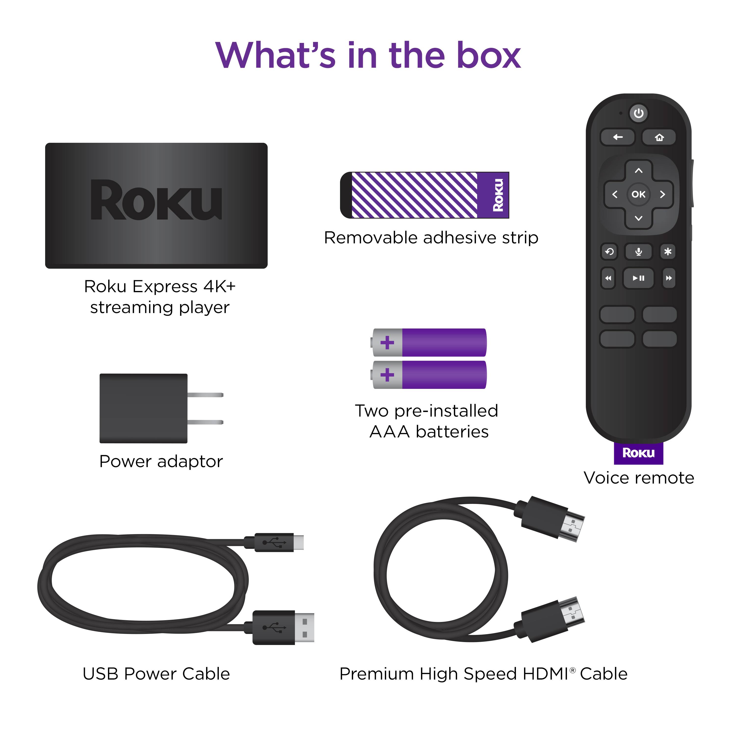 What's in the box:

1. Roku Express 4K+ streaming player
2. Power adaptor
3. Two pre-installed AAA batteries
4. Roku Voice remote
5. USB Power Cable
6. Premium High Speed HDMI Cable
