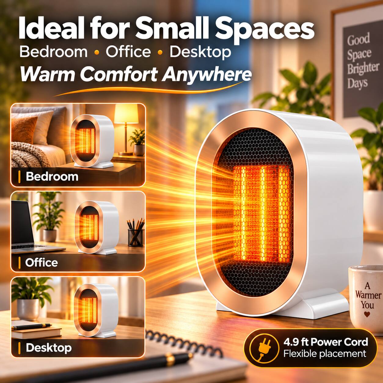 Ideal for Small Spaces  
Bedroom • Office • Desktop  
Warm Comfort Anywhere  

Bedroom  
Office  
Desktop  

4.9 ft Power Cord  
Flexible placement