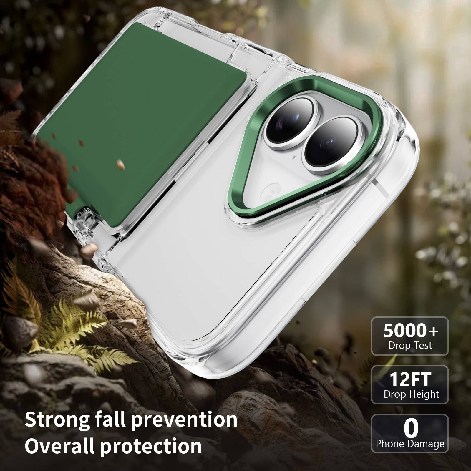 5000+ Drop Test  
Strong fall prevention  
Overall protection  
12FT Drop Height  
0 Phone Damage