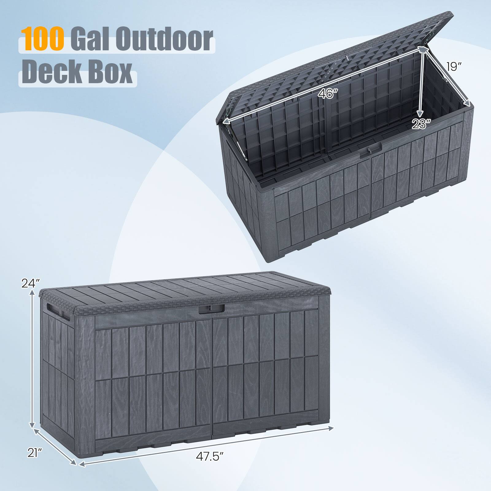 100 Gal Outdoor Deck Box  
46" x 19" x 23" x 24" x 47.5"