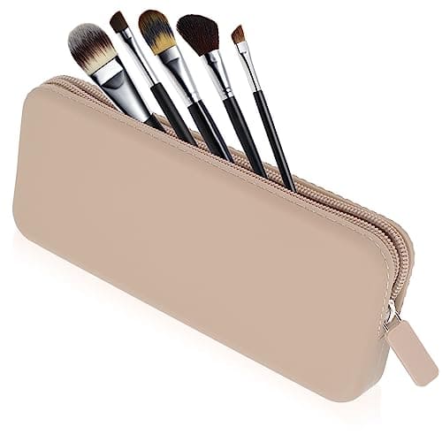DORLUKFU - Travel Makeup Brush Holder, Silicone Makeup Brush Bag with Zipper Closure, Makeup Brushes Organizer Case Washable Makeup - Regular Khaki