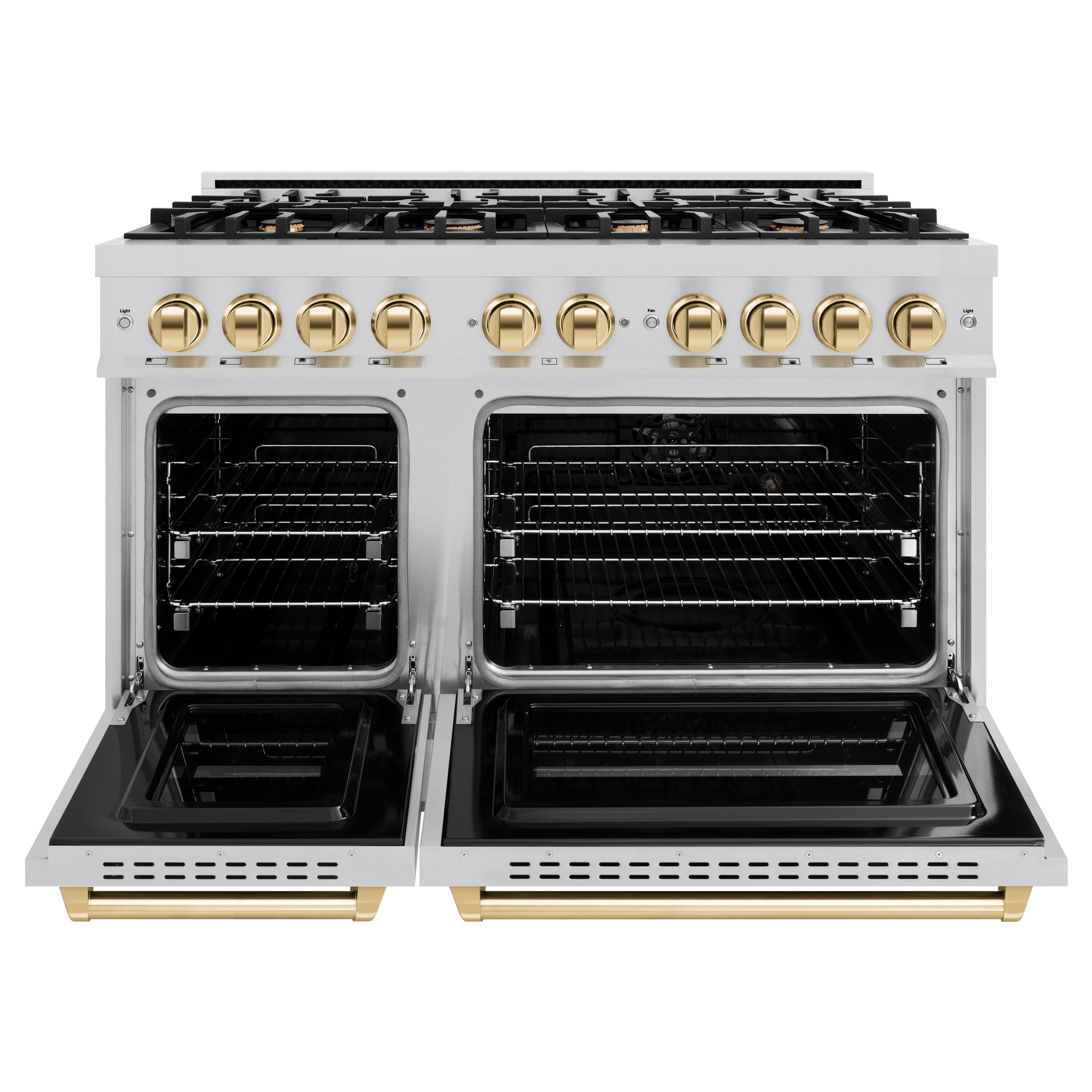 Angle. ZLINE - Autograph Edition 48" Classic Gas Range w/ 8 Burners & Polished Gold Accents (CGRZ-48-G) - Stainless Steel.