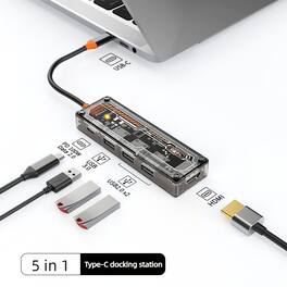 Cluzine - 5-in-1 Transparent USB Hub 4 USB Ports 4K HD Type-C Hub Adapter